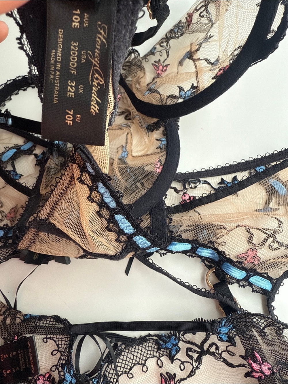 Honey birdette Set Bra panty garter belt Pascale Black blue Lingerie 32ddd S S - Picture 9 of 11